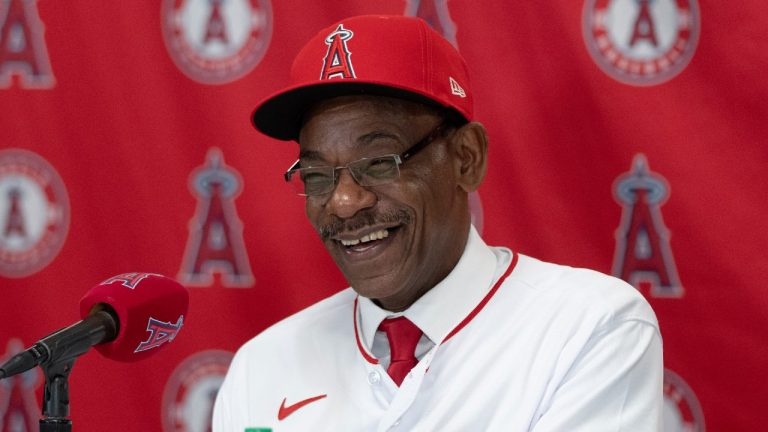 Ron Washington, the new manager of the Los Angeles Angels, smiles during a baseball news conference Wednesday, Nov. 15, 2023, in Anaheim, Calif. The 71-year-old Washington managed the Texas Rangers from 2007-14, winning two AL pennants and going 664–611. (Jae C. Hong/AP)