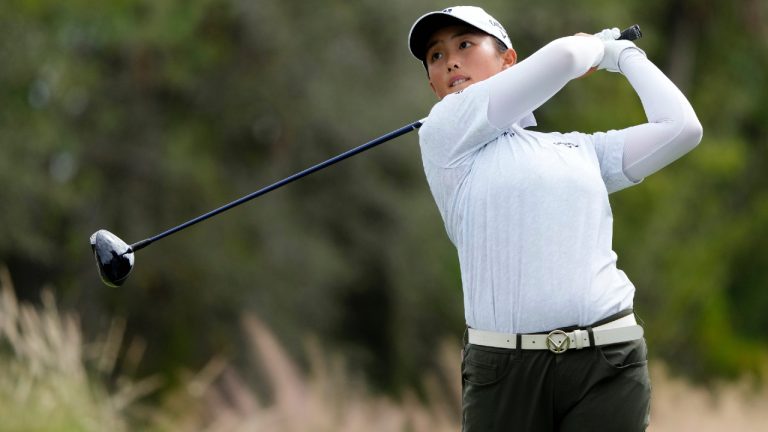 Ruoning Yin, of China, plays her shot from the third tee during the first round of the LPGA CME Group Tour Championship golf tournament, Thursday, Nov. 16, 2023, in Naples, Fla. (Lynne Sladky/AP)