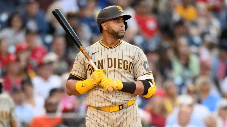 San Diego Padres' Nelson Cruz looks on during a baseball game against the Washington Nationals, Thursday, May 25, 2023, in Washington. The Padres won 8-6. (Nick Wass/AP)