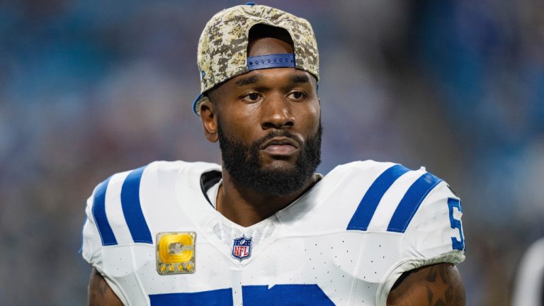 Indianapolis Colts linebacker Shaquille Leonard (53) looks on during an NFL football game against the Carolina Panthers Sunday, Nov. 5, 2023, in Charlotte, N.C. (Jacob Kupferman/AP)