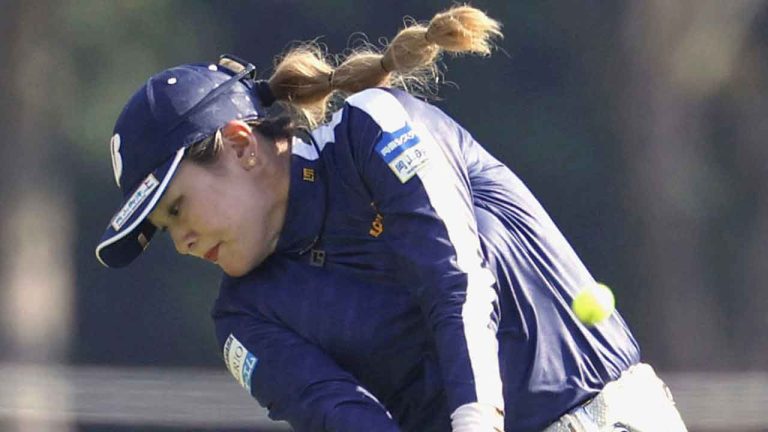 Japanese golfer Shiho Kuwaki hits the shot at the 11th hole during the second round of the LPGA's Japan Classic. (Kyodo News/AP)