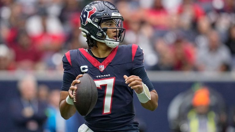 Houston Texans quarterback C.J. Stroud looks to pass against the Tampa Bay Buccaneers during the first half of an NFL football game, Sunday, Nov. 5, 2023, in Houston. (Eric Gay/AP Photo)