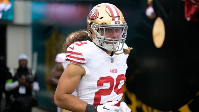 San Francisco 49ers safety Talanoa Hufanga (29) heads to the field to warm up before an NFL football game against the Jacksonville Jaguars, Sunday, Nov. 12, 2023, in Jacksonville, Fla. (Phelan M. Ebenhack/AP Photo)