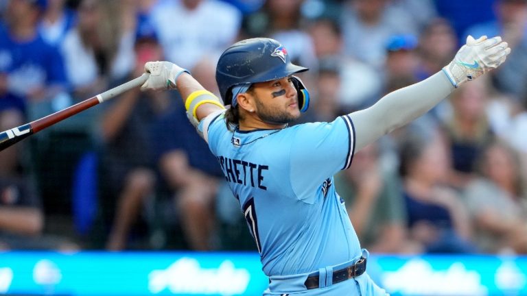 Toronto Blue Jays' Bo Bichette follows through during an at-bat against the Seattle Mariners in a baseball game, Friday, July 21, 2023, in Seattle. (Lindsey Wasson/AP)