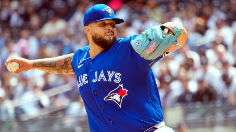 Toronto Blue Jays pitcher Alek Manoah delivers against the New York Yankees in the first inning of a baseball game, Saturday, April 22, 2023, in New York. (Mary Altaffer/AP)