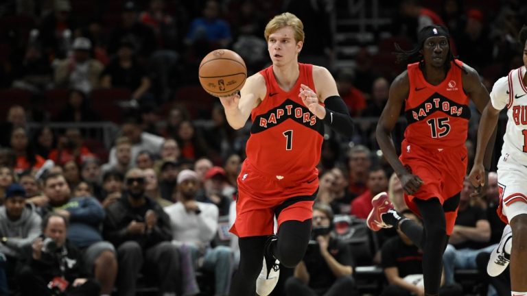 Toronto Raptors guard Gradey Dick dribbles the ball during the second half of a preseason NBA basketball game against the Chicago Bulls, Tuesday, Oct. 17, 2023, in Chicago. (Matt Marton/AP)