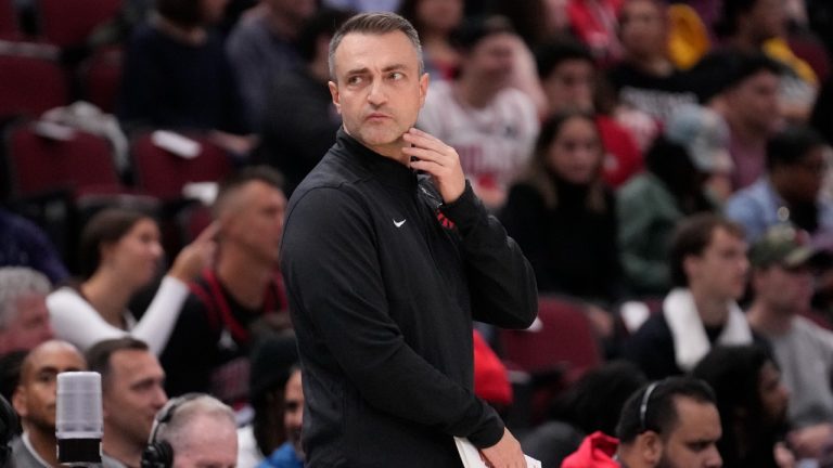 Toronto Raptors head coach Darko Rajaković looks to the bench during an NBA basketball game against the Chicago Bulls Friday, Oct. 27, 2023, in Chicago. (AP)