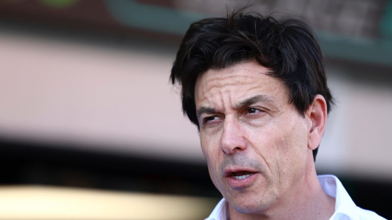 Mercedes team chief Toto Wolff looks on before the start of the sprint race at the Baku circuit in Baku, Azerbaijan, Saturday, April 29, 2023. (Lisi Niesner/Pool via AP)