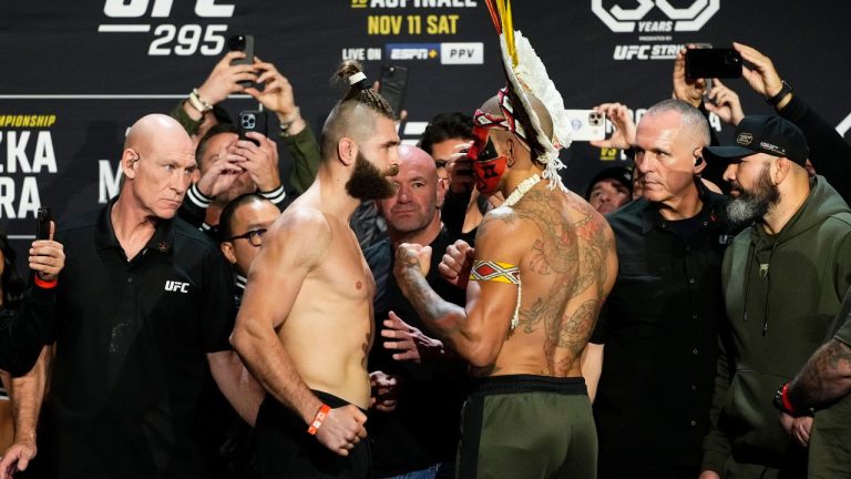 UFC 295 headliners Jiri Prochazka, left, and Alex Pereira face off at the ceremonial weigh-ins. 