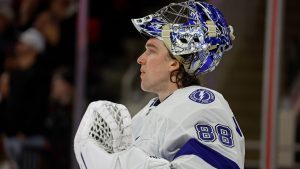 Tampa Bay Lightning goaltender Andrei Vasilevskiy rests during a timeout in the second period of an NHL hockey game. (Karl B DeBlaker/AP)