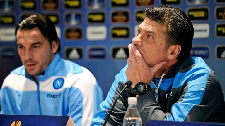 Napoli's Salvatori Aronica and coach Walter Mazzari pictured during a press conference at Rasunda soccer Stadium in Stockholm, Sweden, Wednesday Nov. 21, 2012. (Anders Wiklund/AP Photo)