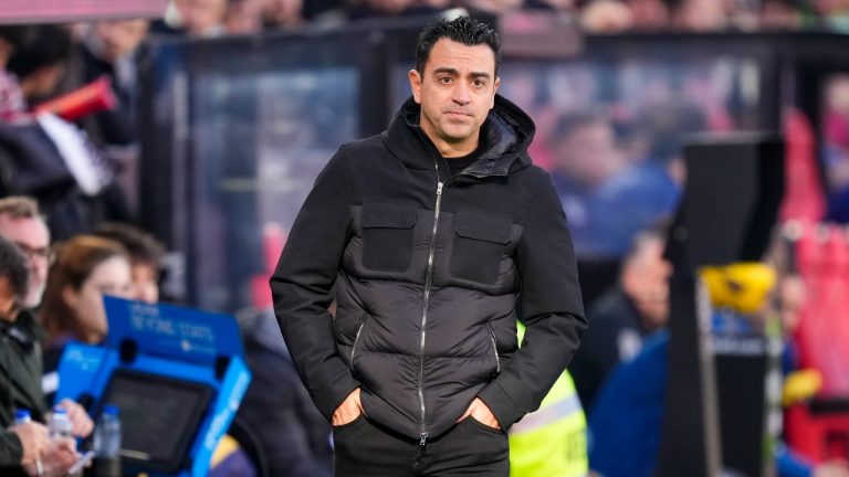 Barcelona's head coach Xavi Hernandez reacts during a Spanish La Liga soccer match between Rayo Vallecano and Barcelona at the Vallecas stadium in Madrid, Spain, Saturday, Nov. 25, 2023. (Jose Breton/AP Photo)