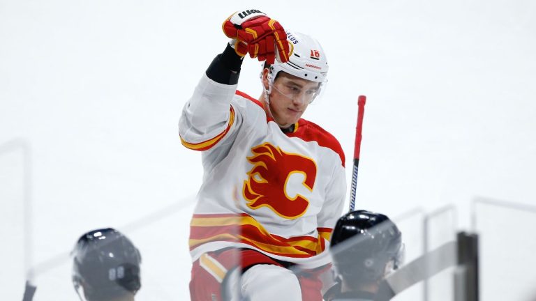 Calgary Flames' Nikita Zadorov celebrates his goal against the Winnipeg Jets during third period NHL action in Winnipeg, Wednesday, April 5, 2023. (John Woods/CP Photo)