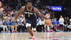 New Orleans Pelicans forward Zion Williamson pushes down the court the second half of an NBA basketball game against the Oklahoma City Thunder, Wednesday, Nov. 1, 2023, in Oklahoma City. (Kyle Phillips/AP)