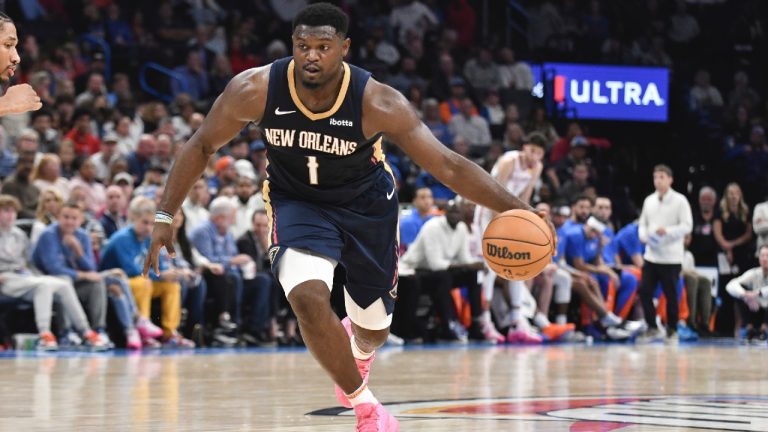 New Orleans Pelicans forward Zion Williamson pushes down the court the second half of an NBA basketball game against the Oklahoma City Thunder, Wednesday, Nov. 1, 2023, in Oklahoma City. (Kyle Phillips/AP)