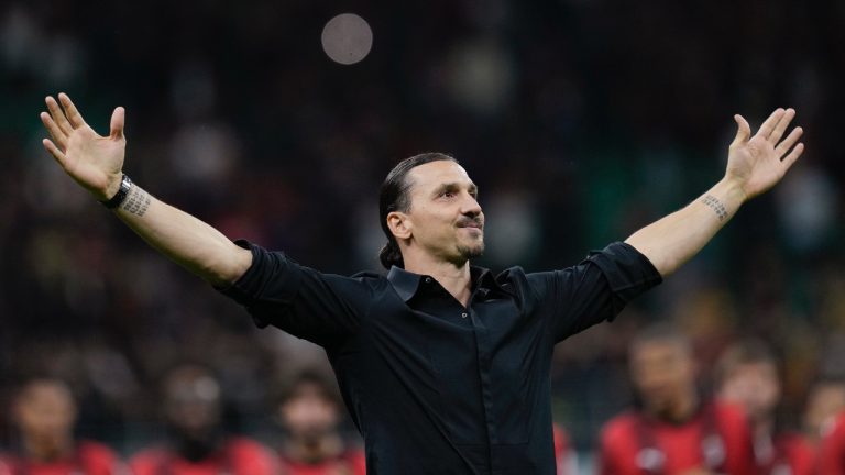 Former AC Milan player Zlatan Ibrahimovic reacts after his last game for the club at the end of a Serie A soccer match between AC Milan and Hellas Verona at the San Siro stadium, in Milan, Italy, Sunday, June 4, 2023. (Antonio Calanni/AP)