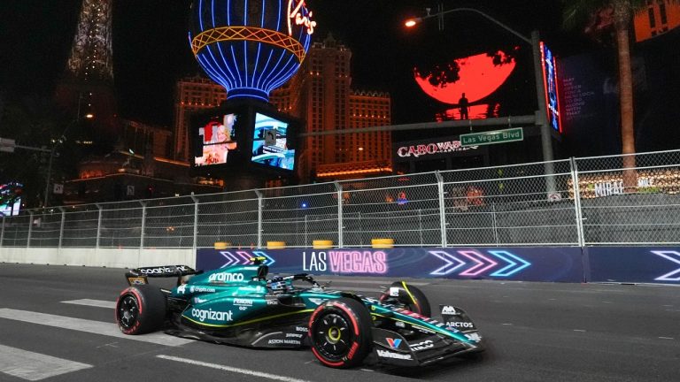 Aston Martin driver Fernando Alonso, of Spain, drives during the second practice session for the Formula One Las Vegas Grand Prix auto race, Friday, Nov. 17, 2023, in Las Vegas. (Nick Didlick/AP)