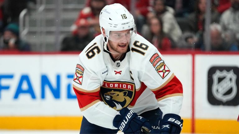 Florida Panthers centre Aleksander Barkov (16) plays against the Detroit Red Wings in the third period of an NHL hockey game Thursday, Nov. 2, 2023, in Detroit. (Paul Sancya/AP)