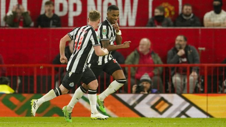 Newcastle's Joe Willock is seen in this file photo celebrating after scoring his side's third goal during the EFL Cup fourth round soccer match between Manchester United and Newcastle at Old Trafford stadium in Manchester, England, Wednesday, Nov. 1, 2023. (Dave Thompson/AP)
