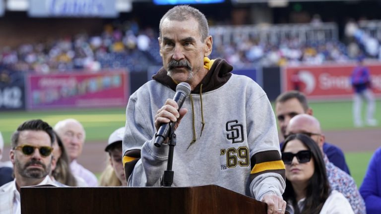 Former San Diego Padres owner Peter Seidler speaks during induction ceremonies for the Padres Hall of Fame before a baseball game against the Texas Rangers, Friday, July 28, 2023, in San Diego. 