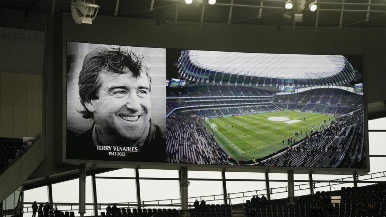 A picture of former England player and coach Terry Venables is shown on the video screen before the English Premier League soccer match between Tottenham Hotspur and Aston Villa at the Tottenham Hotspur stadium in London, Sunday, Nov. 26, 2023. Venables has passed away, it was announced Sunday. (Kirsty Wigglesworth/AP)