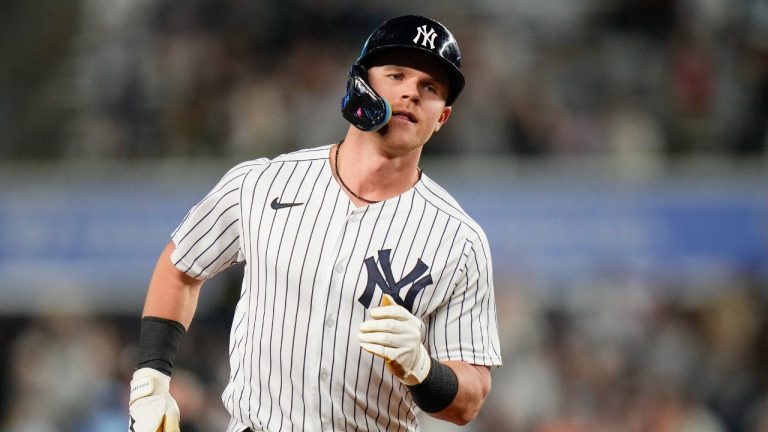 New York Yankees' Jake Bauers rounds the bases after hitting a three-run home run in the first inning of a baseball game against the Toronto Blue Jays, Thursday, Sept. 21, 2023, in New York. (Frank Franklin II/AP)