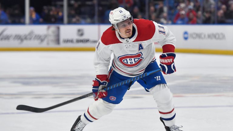 Montreal Canadiens right wing Brendan Gallagher (11) shoots during the first period of an NHL hockey game against the Buffalo Sabres in Buffalo, N.Y., Monday, Oct. 23, 2023. (Adrian Kraus/AP)