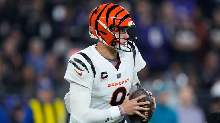 Cincinnati Bengals quarterback Joe Burrow (9) looks to pass in the first half of an NFL football game against the Baltimore Ravens in Baltimore, Thursday, Nov. 16, 2023. (Matt Rourke/AP)