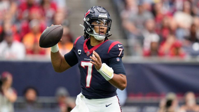 Houston Texans quarterback C.J. Stroud looks to pass against the Tampa Bay Buccaneers during the first half of an NFL football game, Sunday, Nov. 5, 2023, in Houston. (Eric Christian Smith/AP)