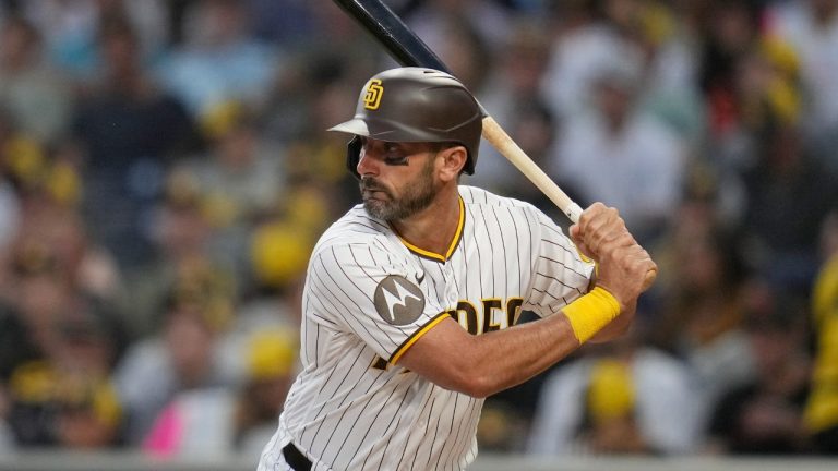 San Diego Padres' Matt Carpenter batting during the fifth inning of a baseball game against the San Francisco Giants Thursday, Aug. 31, 2023, in San Diego. (Gregory Bull/AP)