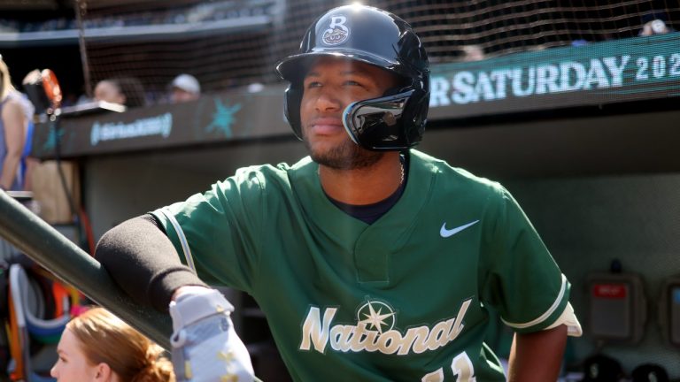 Jackson Chourio #11 of the Milwaukee Brewers looks on from the dugout prior to the SiriusXM All-Star Futures Game at T-Mobile Park on Saturday, July 8, 2023 in Seattle, Washington. (Rob Tringali/MLB Photos via Getty Images)