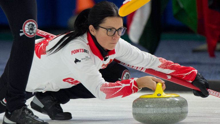 Team Canada skip Kerri Einarson makes a shot as they take on South Korea at the Pan Continental Curling Championship in Kelowna, B.C. in this Wednesday, Nov. 1, 2023 handout photo. (CP/HO-Curling Canada, Michael Burns)