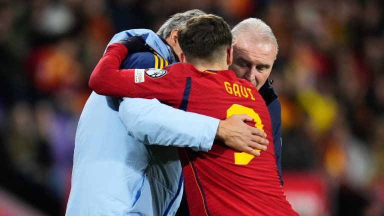 Spain's Gavi Paez is assisted from the field after injuring his leg during a Euro 2024 group A qualifying soccer match between Spain and Georgia at Jose Zorrilla Stadium in Valladolid, Spain, Sunday, Nov. 19 23, 2023. (Manu Fernandez/AP)