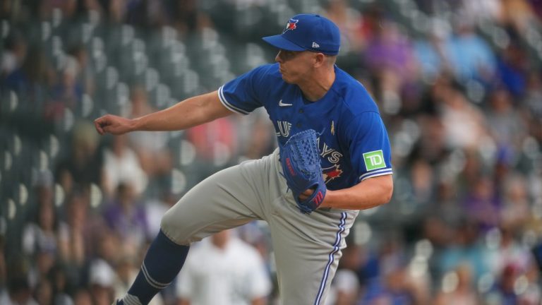 Toronto Blue Jays relief pitcher Chad Green (37) in the eighth inning of a baseball game Sunday, Sept. 3, 2023, in Denver. (David Zalubowski/AP Photo)