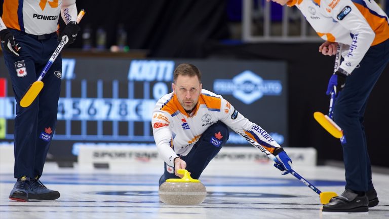 Brad Gushue delivers a rock during the KIOTI National on Tuesday, Nov. 7, 2023, in Pictou County, N.S. (Anil Mungal/GSOC)