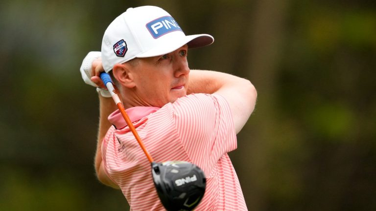 Mackenzie Hughes watches his tee shot on the second hole during the second round of the U.S. Open golf tournament at Los Angeles Country Club on Friday, June 16, 2023, in Los Angeles. (Lindsey Wasson/AP)