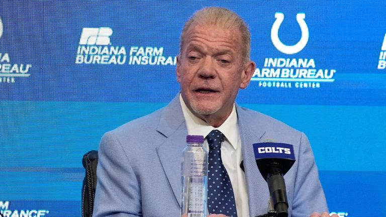 Indianapolis Colts owner Jim Irsay speaks during a news conference, Tuesday, Feb. 14, 2023, in Indianapolis. Shane Steichen was introduced as the Colts new head coach. (Darron Cummings/AP Photo)