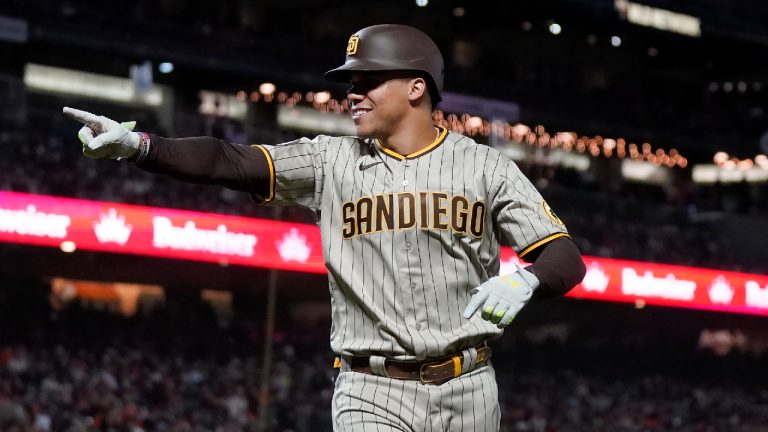 San Diego Padres' Juan Soto gestures after hitting a two-run home run during the seventh inning of a baseball game against the San Francisco Giants in San Francisco, Tuesday, Sept. 26, 2023. (Jeff Chiu/AP)