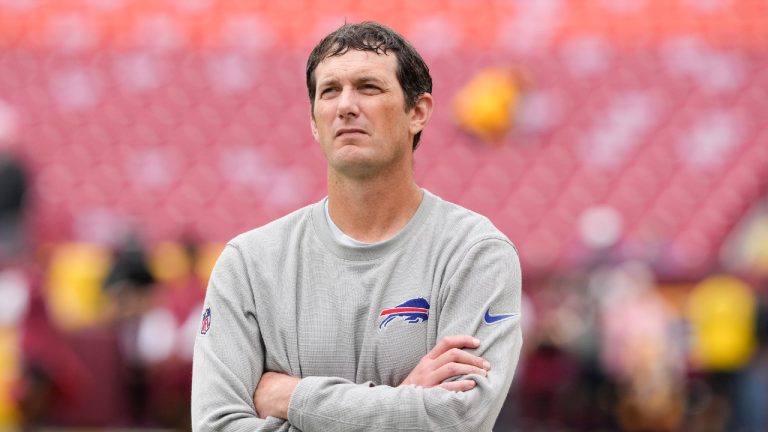 Buffalo Bills offensive coordinator Ken Dorsey on the field before the start of an NFL football game against the Washington Commanders, Sunday, Sept. 24, 2023, in Landover, Md. (Andrew Harnik/AP)