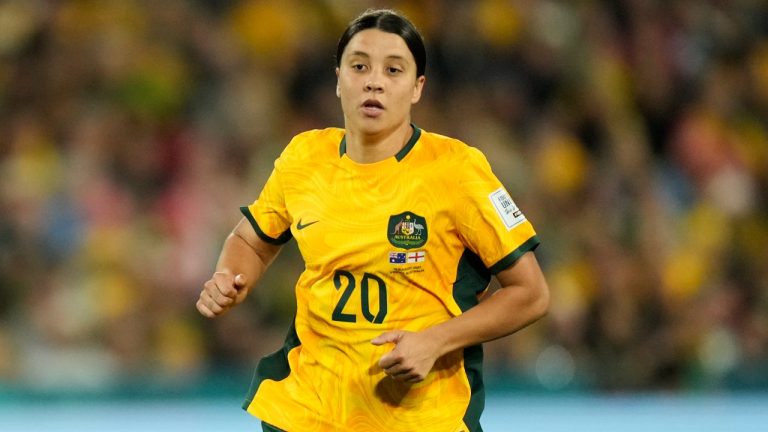 Australia's Sam Kerr in action during the Women's World Cup semifinal soccer match between Australia and England at Stadium Australia in Sydney, Australia, Wednesday, Aug. 16, 2023. (Rick Rycroft/AP)