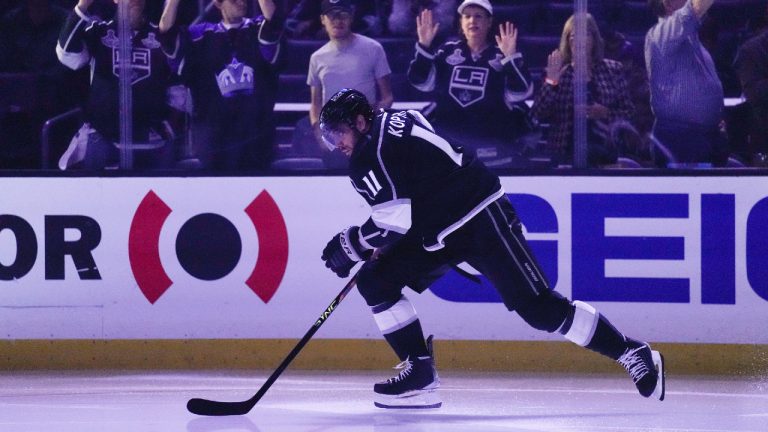 Los Angeles Kings center Anze Kopitar (11) takes the ice before NHL hockey game against the Boston Bruins Saturday, Oct. 21, 2023, in Los Angeles. (Ashley Landis/AP)