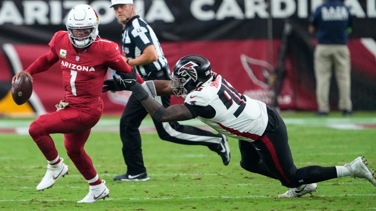 Atlanta Falcons defensive end Zach Harrison (96) tries to tackle Arizona Cardinals quarterback Kyler Murray (1) during the second half of an NFL football game, Sunday, Nov. 12, 2023, in Glendale, Ariz. (Matt York/AP)