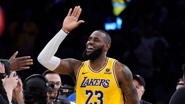 Los Angeles Lakers forward LeBron James celebrates after the Lakers defeated the Los Angeles Clippers 130-125 in an NBA basketball game Wednesday, Nov. 1, 2023, in Los Angeles. (Mark J. Terrill/AP Photo)