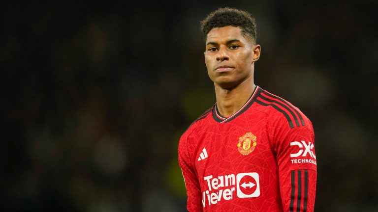 Manchester United's Marcus Rashford reacts during the EFL Cup fourth round soccer match between Manchester United and Newcastle at Old Trafford stadium in Manchester, England, Wednesday, Nov. 1, 2023. (Dave Thompson/AP)