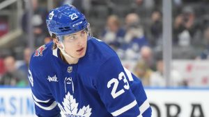 Toronto Maple Leafs left wing Matthew Knies (23) looks down ice during NHL hockey action against Tampa Bay Lightning in Toronto on Monday November 6, 2023. (Chris Young/CP)