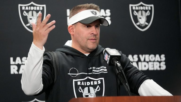 Las Vegas Raiders head coach Josh McDaniels addresses the media after the NFL football game against the Detroit Lions, Monday, Oct. 30, 2023, in Detroit. (Paul Sancya/AP Photo)