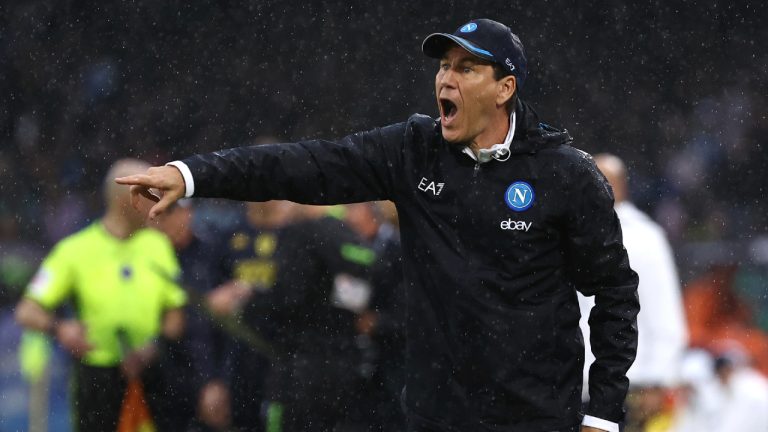 Napoli coach Rudi Garcia shouts during the Serie A soccer match between Napoli and Empoli at the Diego Armando Maradona stadium in Naples, Italy, Sunday, Nov. 12, 2023. (Alessandro Garofalo/LaPresse via AP)