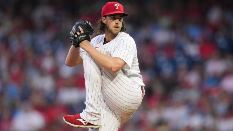 Philadelphia Phillies' Aaron Nola plays during a baseball game, Saturday, Sept. 9, 2023, in Philadelphia. (Matt Slocum/AP)