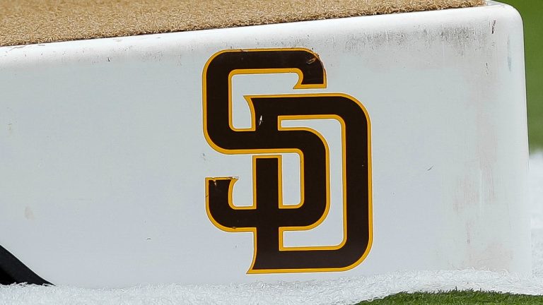 Detailed view of a San Diego Padres logo on a pitching mound during batting practice prior to a baseball game between the San Diego Padres and Boston Red Sox on Saturday, May 20, 2023, in San Diego. (Brandon Sloter/AP Photo)