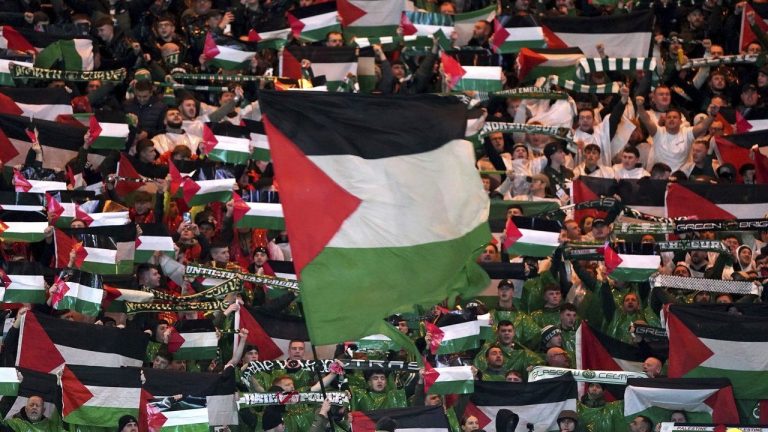 After Celtic fans displayed Palestinian flags at a Champions League game, the club was fined 17,500 Euros. (Andrew Milligan/AP) 